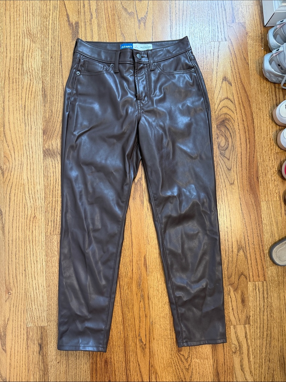 Old Navy Brown High Rise OG Straight Faux Leather Pants